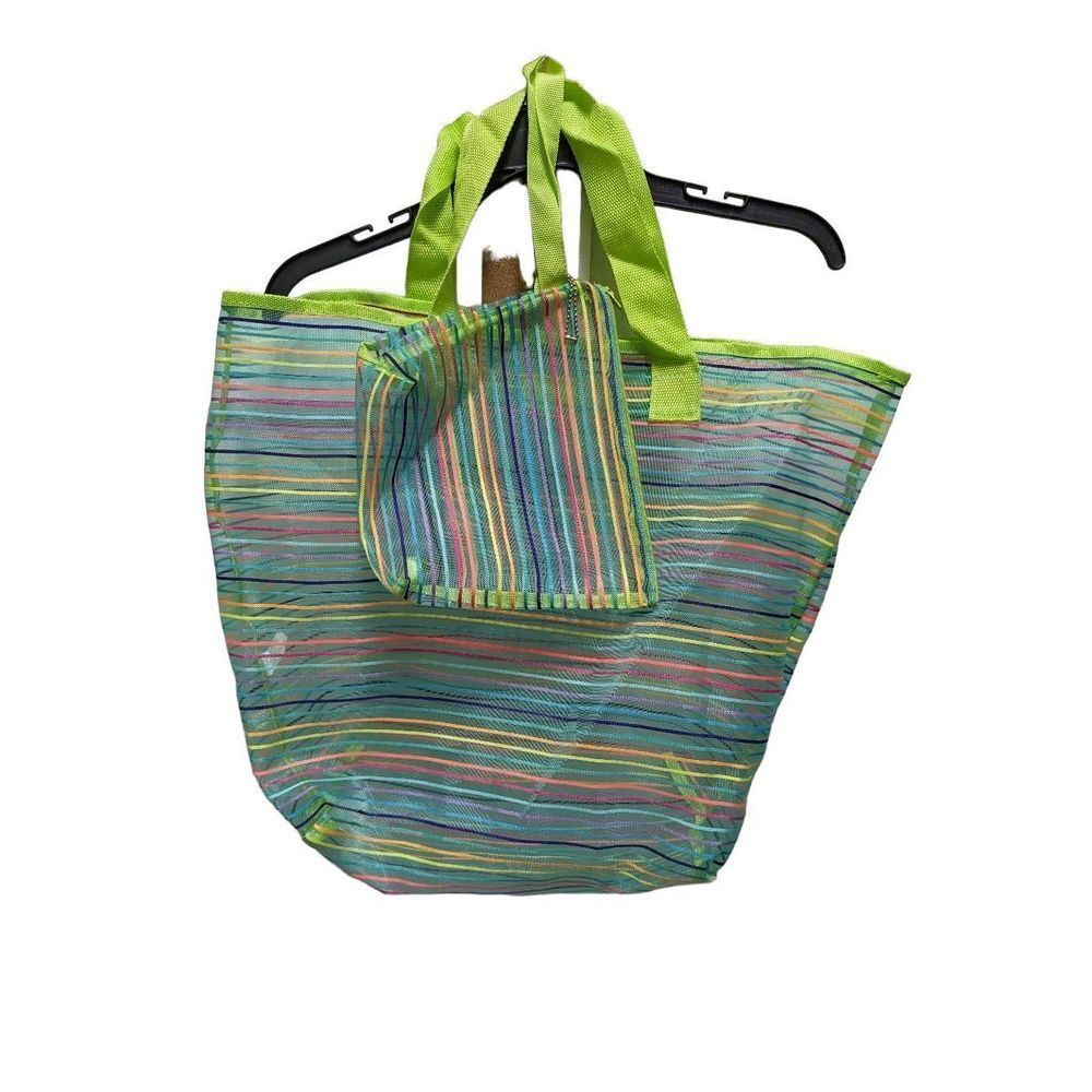 Green Rainbow Beach Shopping Tote Shoulder Bag Large 20"X16" with Smaller Matchi - Picture 3 of 12